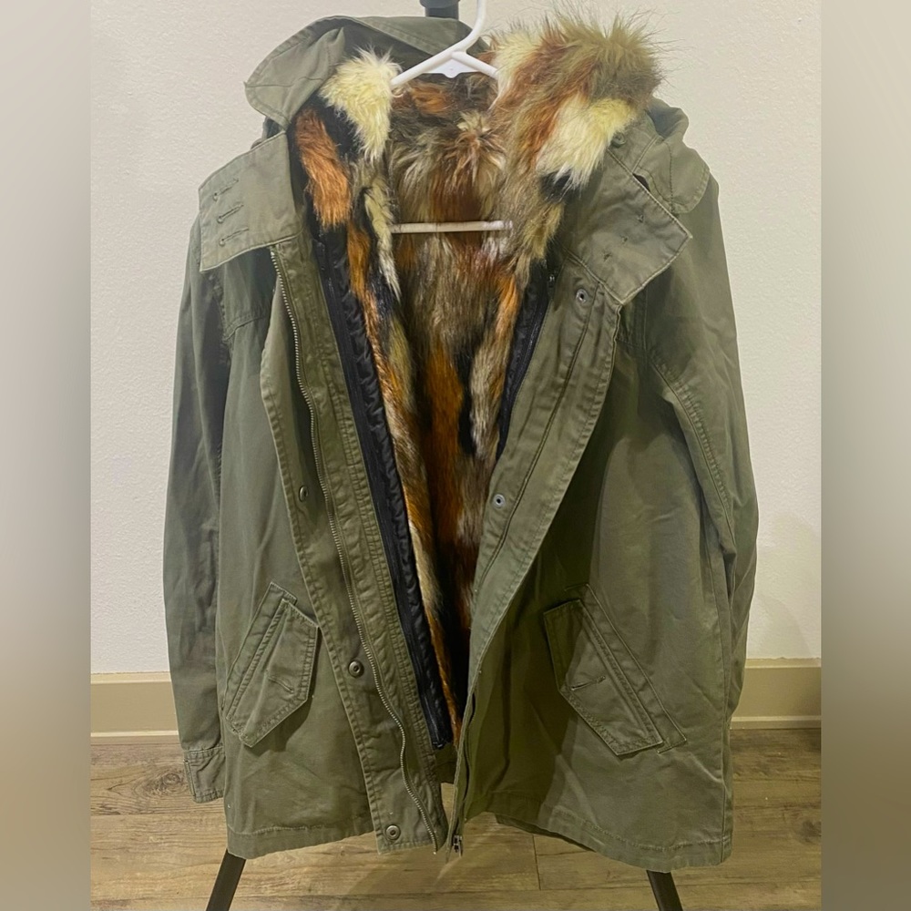 American Eagle Women's M Faux Fur Green Utility Jacket Hooded Removable Lining